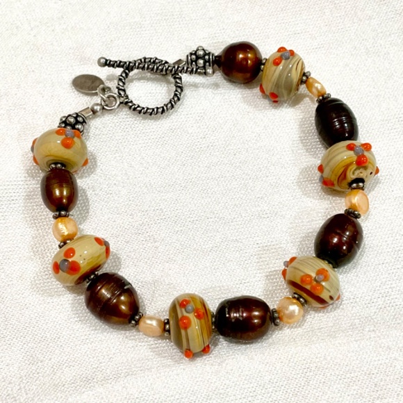 Donna Dressler Sterling Silver Wedding Cake Glass Bead Pearl Bracelet SIGNED - Picture 7 of 10